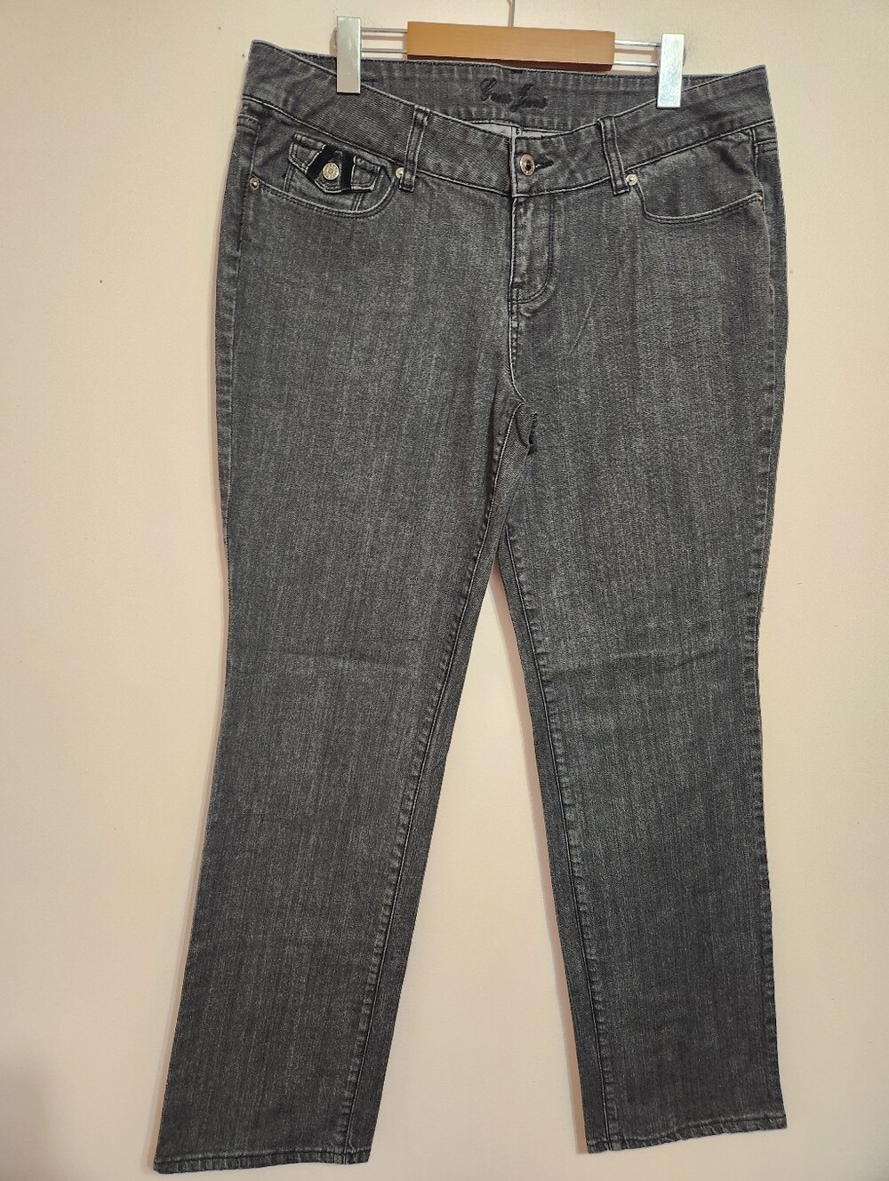 Vintage 2000s Guess Jeans Washed Black Flap Pocket Y2K Velvet Trim Straight 34